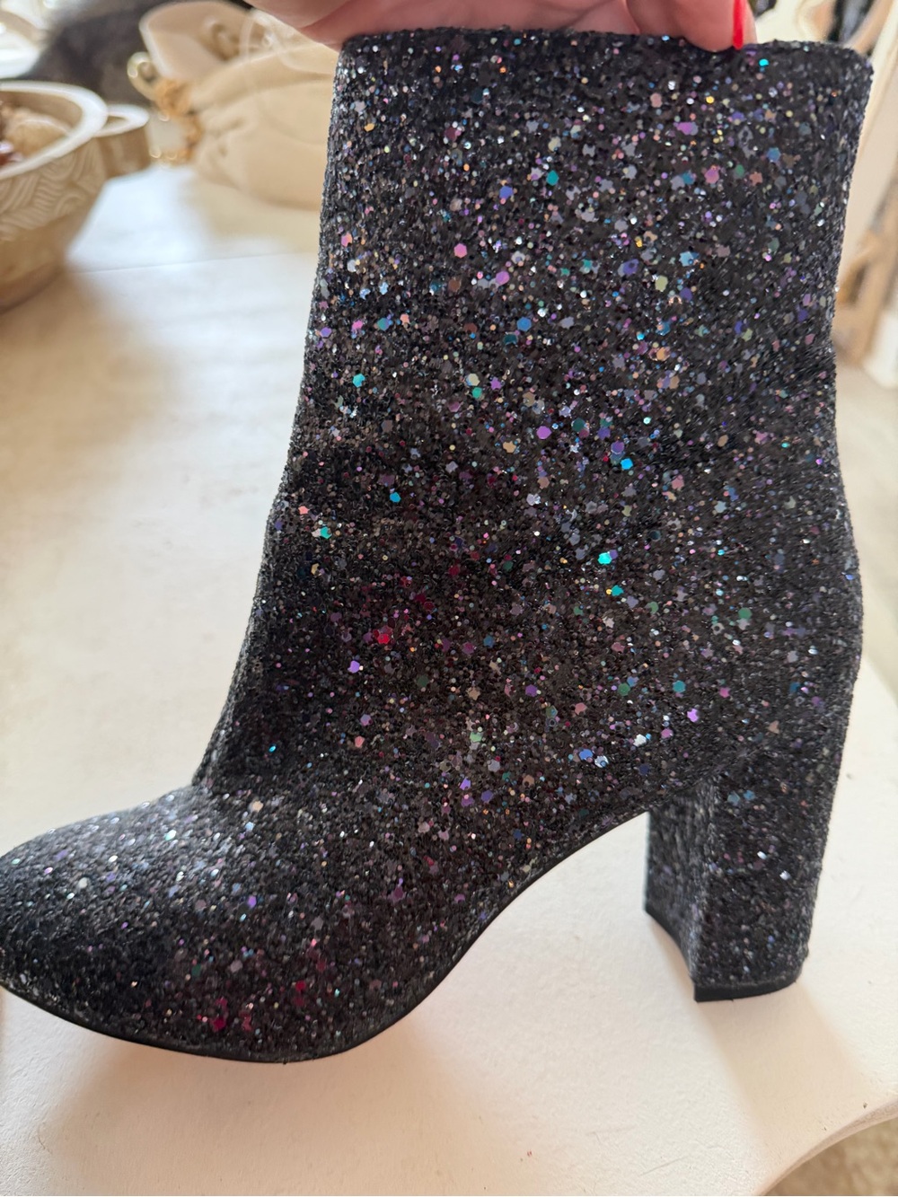Sparkle Black Glitter Block Heel Ankle Boots